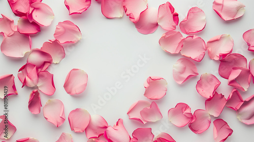 白い背景に並べられたた薔薇の花びら