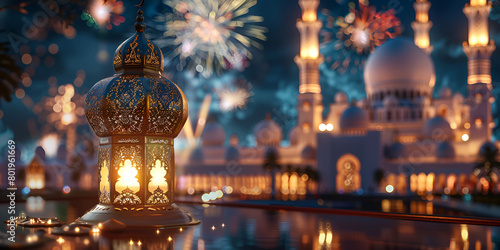 Islamic greeting celebration colorful fireworks background Illustration  © Nabeel