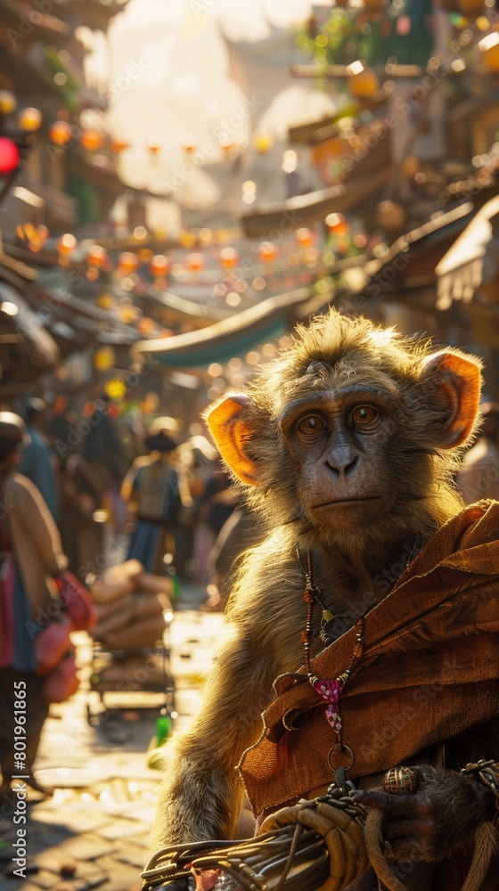 Bustling 3D city market scene with a clever monkey interacting with various vendors set against a sunset backdrop Bustling 3D city market scene with a clever monkey interacting with various vendors set against a sunset backdrop
