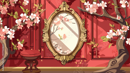 Interior of room with stylish mirror and blooming tre