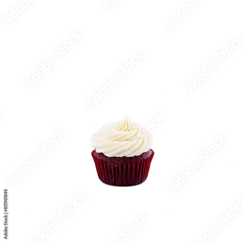 Red velvet cupcake with smooth cream cheese frosting deep red color moist crumb paper liner
