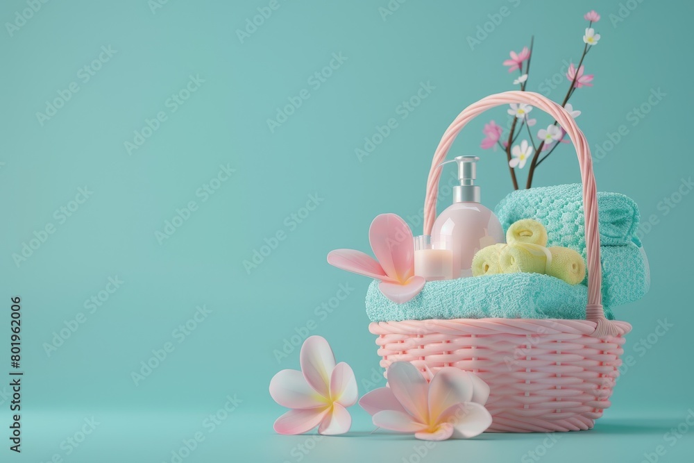 A basket of toiletries and flowers on a colorful background A basket of toiletries and flowers on a colorful background