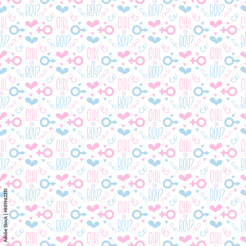 Girl or Boy Phrase Gender Reveal Party Seamless Pattern. Pink and Blue Repeating Endless Background.