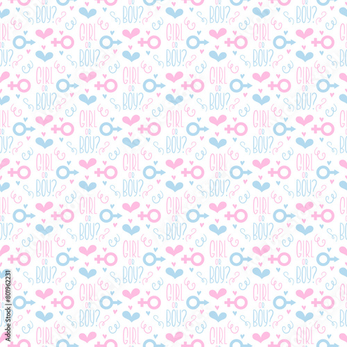 Girl or Boy Phrase Gender Reveal Party Seamless Pattern. Pink and Blue Repeating Endless Background.