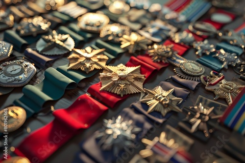 A collection of medals and ribbons are displayed on a table photo