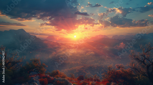 A beautiful sunset over a mountain range with a bright orange sun in the sky © ART IS AN EXPLOSION.