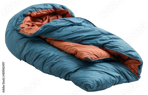 Blue and orange sleeping bag open, cut out - stock png.