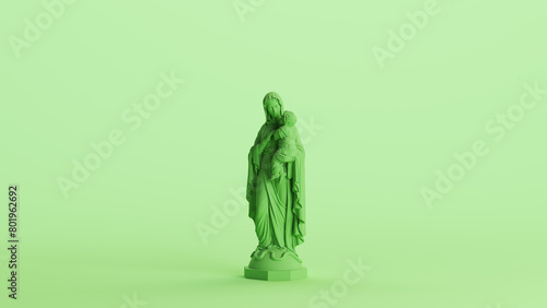 Green mint Mary baby Jesus saint statue traditional catholic background left view 3d illustration render digital rendering