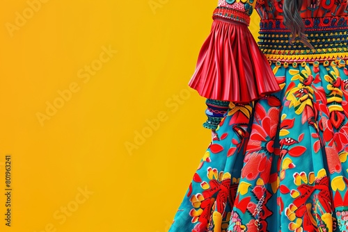 A woman in a colorful dress stands in front of a colorful background in the style of cartoon models