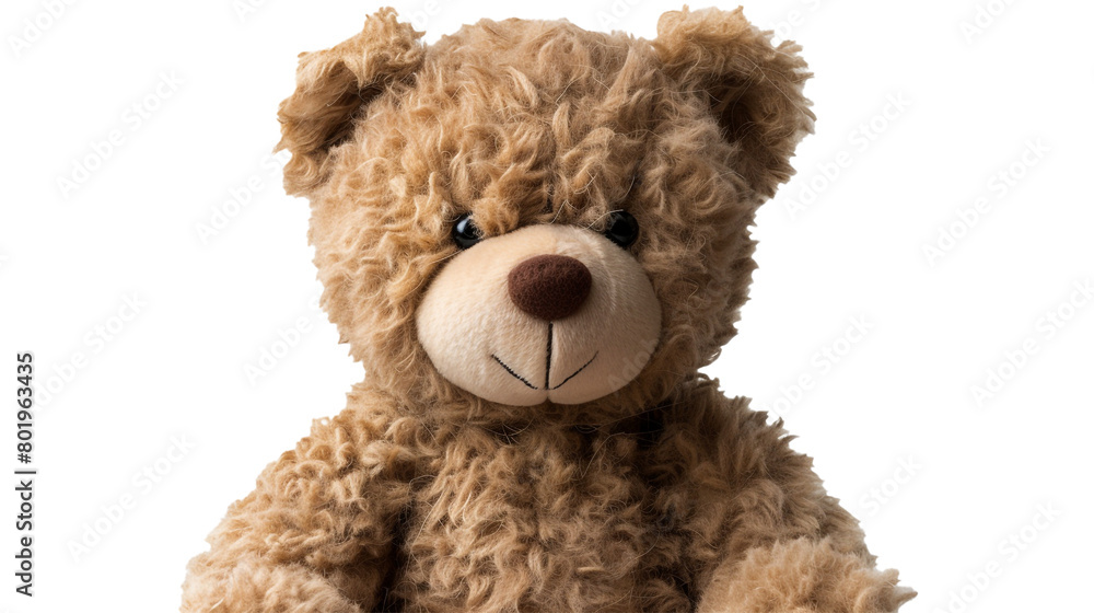 A photorealistic teddy bear made of soft, brown fur, with a stitched smile and button eyes. Isolated on transparent background, png file.