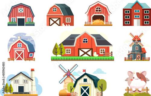 Set of farming agriculture red barn building collection, Agricultural farm red barn, Rural dried hay shed room. Farming haymow, Vector illustrator