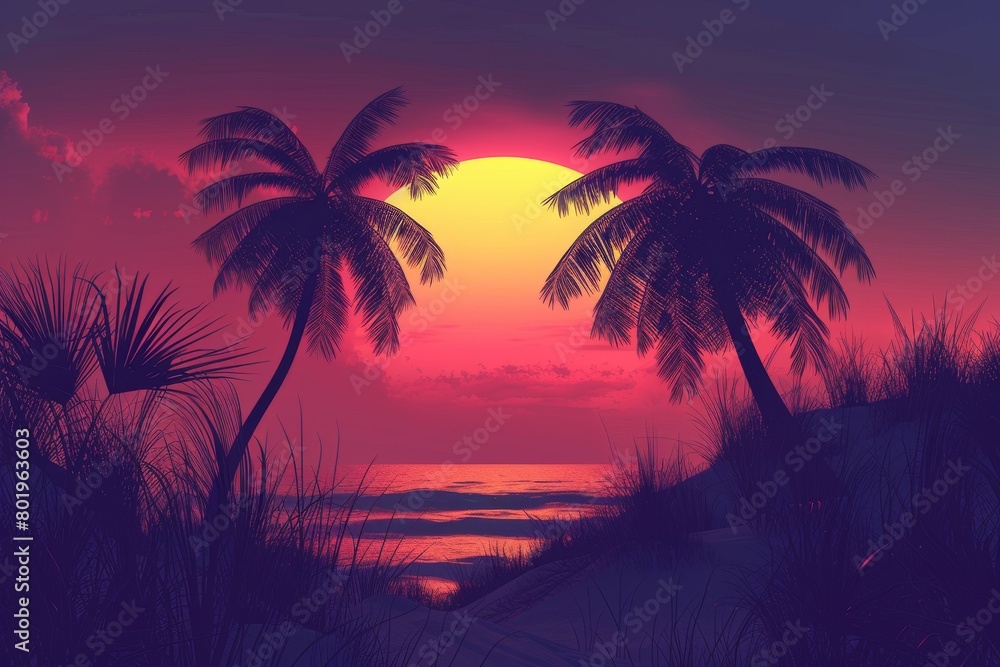 A sunset over the ocean with palm trees in the foreground