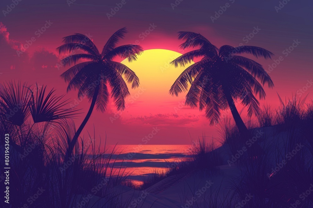 A sunset over the ocean with palm trees in the foreground A sunset over the ocean with palm trees in the foreground
