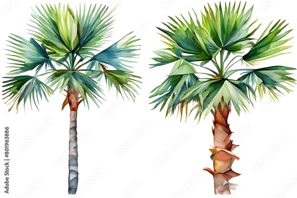 Fototapeta premium Watercolor painting, minimalist illustration of two palm trees in bright colors against a white background.