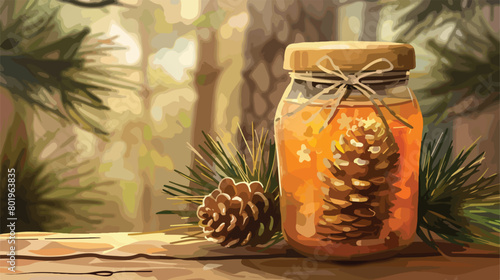 Jar of tasty pine cone jam on wooden table closeup Vector