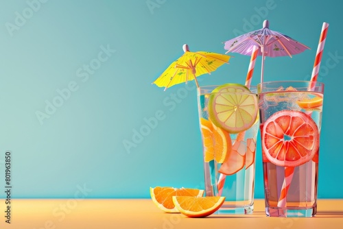 Two glasses of water with fruit slices and umbrellas on top