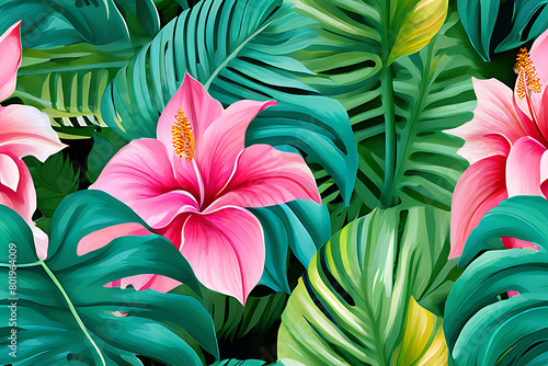 Watercolor painting of a bouquet of tropical leaves, seamless background and bright texture create a feeling of abundance.