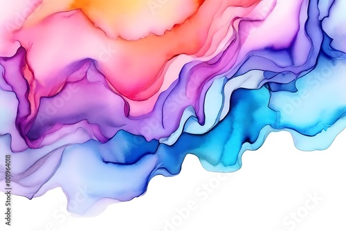 Watercolor painting of a rainbow of bright colors. where red changes from orange, yellow, green, blue, and indigo to purple on a white background.