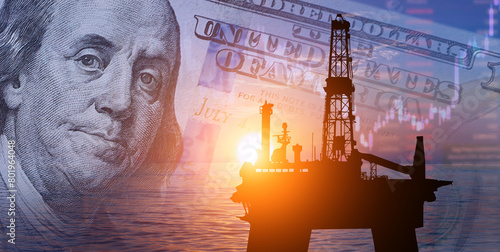 Oil rig and dollar banknote against sunset background. 3d illustration