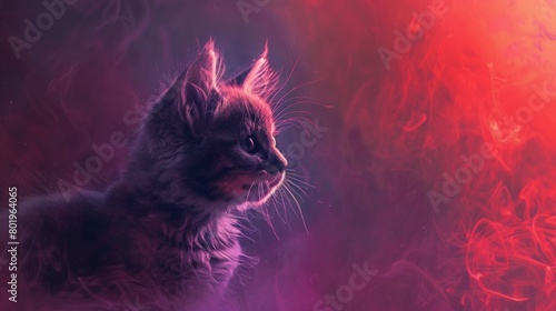 The background is completely mix Red and Purple with no texture and the baby cat sit donw in the right hand corner photo