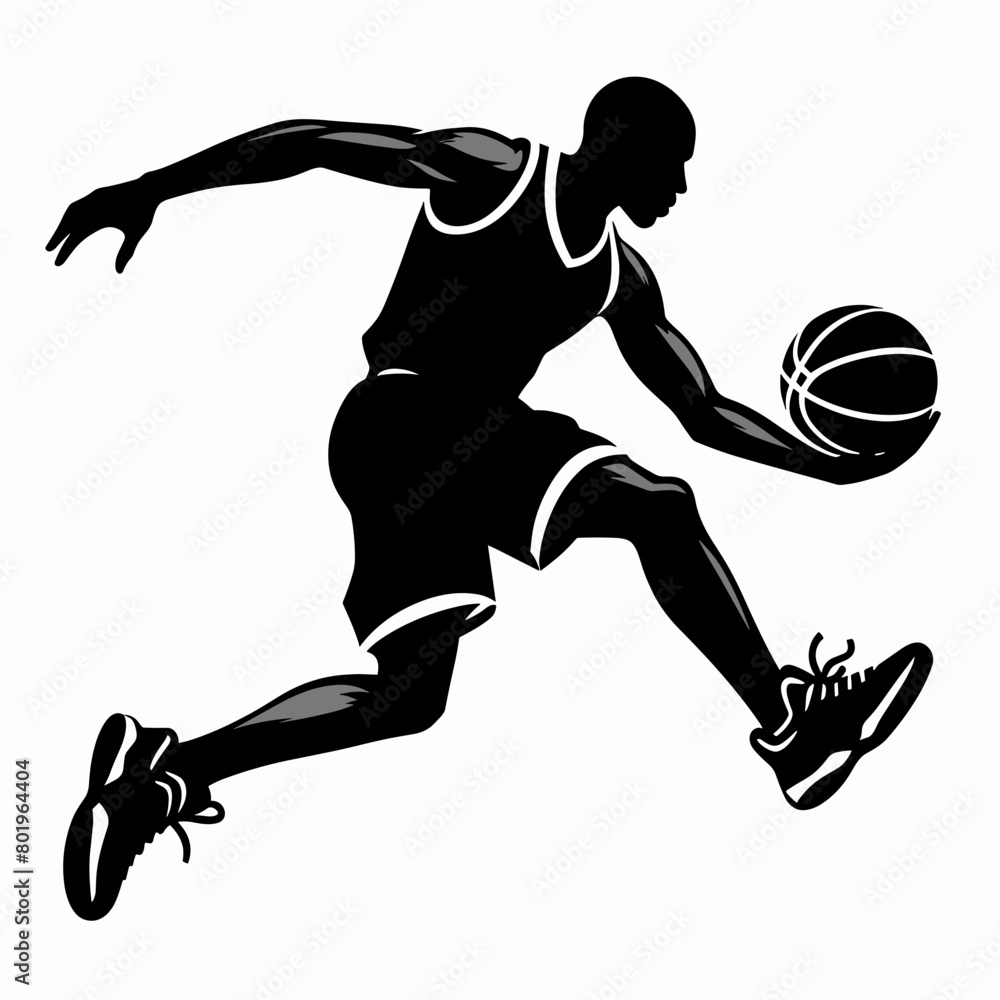 A basketball player is dribbling the ball down the court.