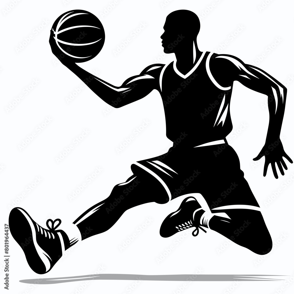 A basketball player is jumping in the air, holding the ball in one hand.