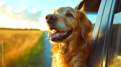 A playful golden retriever puppy excitedly sitting in a car and looking outside a window. Generative ai illustration. © AimasterPhoto