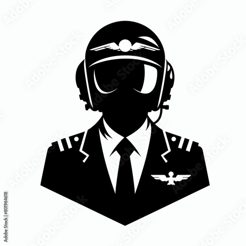 A black and white illustration of a pilot's helmet and uniform.