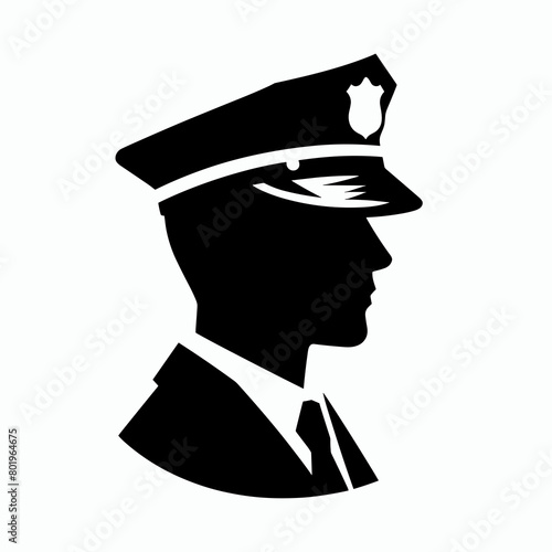 A black and white image of a police officer's hat and the side of a person's face.