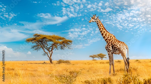 A graceful giraffe standing tall against the backdrop of a bright blue sky and acacia trees. 4k wallpaper