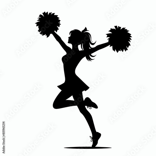 A black silhouette of a cheerleader jumping in the air with pom poms in her hands.