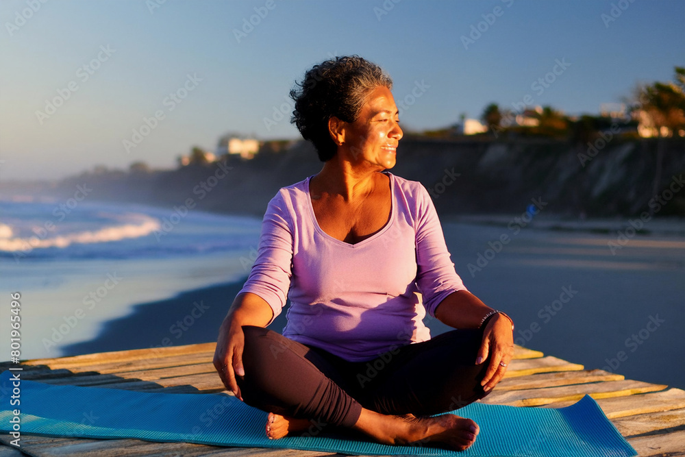 Fototapeta premium Mature woman smiling during exercise while sitting on mat on seashore