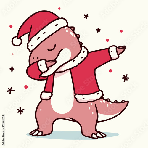 A cartoon dinosaur wearing a Santa hat and dabbing.