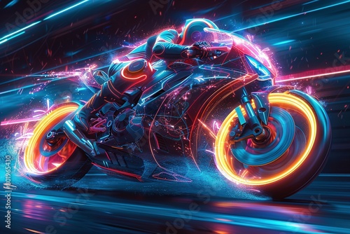 A futuristic neon motorcycle, its vibrant colors and dynamic lines a blur against a black background, streaks across the night with the rider in a dynamic pose. photo