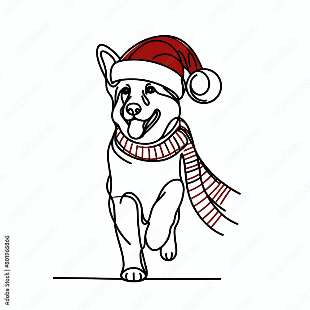 A continuous line drawing of a dog wearing a Santa hat and scarf. A continuous line drawing of a dog wearing a Santa hat and scarf.