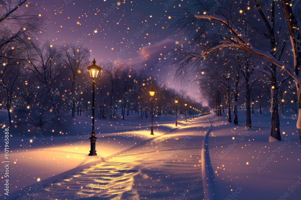A snowy path with a street lamp and a few other lights