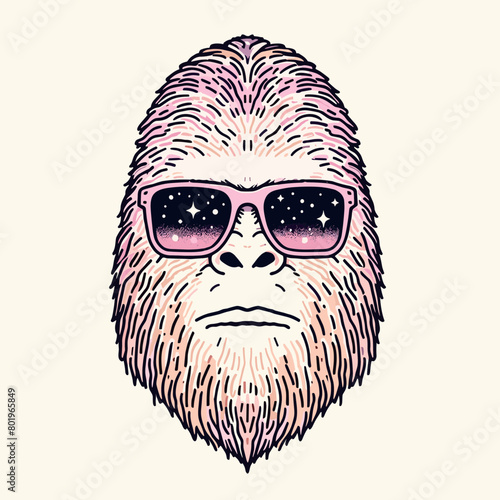 A cartoon yeti wearing sunglasses with a starry night sky reflection and a pink fur.