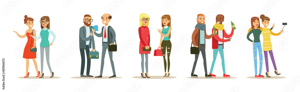 Fototapeta premium Young Man and Woman Friends Spend Time Together Vector Set