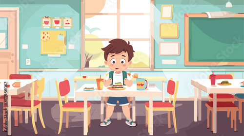 Little boy eating lunch in classroom Vector illustration