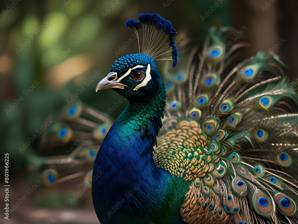 A majestic peacock displaying its iridescent plumage, shimmering with shades of emerald green, sapphire blue, and golden yellow.generative AI A majestic peacock displaying its iridescent plumage, shimmering with shades of emerald green, sapphire blue, and golden yellow.generative AI