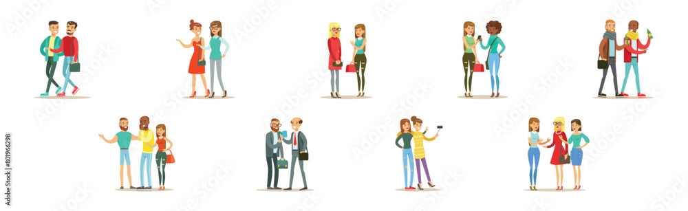 Young Man and Woman Friends Spend Time Together Vector Set