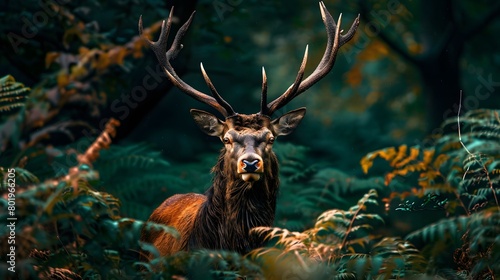 A majestic red deer stag stands tall in the heart of an ancient woodland, surrounded by dense green foliage and large old trees, with a focus on its face.