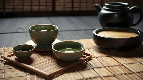A traditional Japanese tea ceremony with elegant tea cups and bamboo utensils. 8k --ar 16:9 --v 6.0