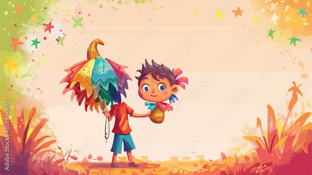 Little boy with Mexican pinata on color background Vector
