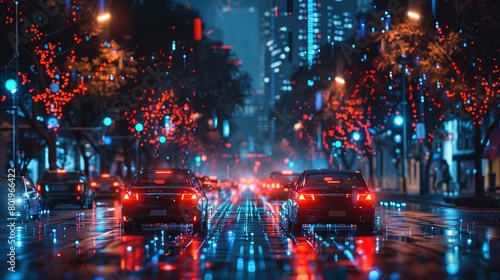 Smart city sensors on streets, dusk lighting, low angle, urban tech