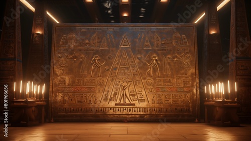 Set of sacred symbols and ornaments of ancient Egypt. Image of inside an ancient Egyptian pyramid, with various artifacts on the ground and heliographs on the walls. Treasure of ancient Egypt. photo