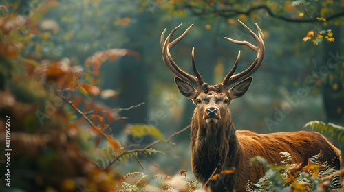 A majestic red deer stag stands tall in the lush greenery of an English woodland during fall, surrounded by dense ferns and ancient trees. The stag's face is the focus.
