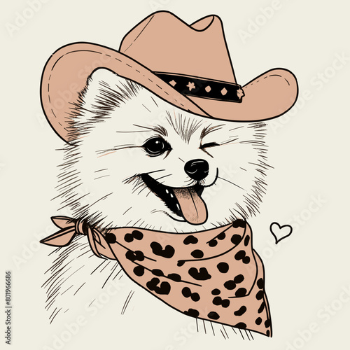 A cute cartoon dog wearing a cowboy hat and a scarf winks at the viewer.
