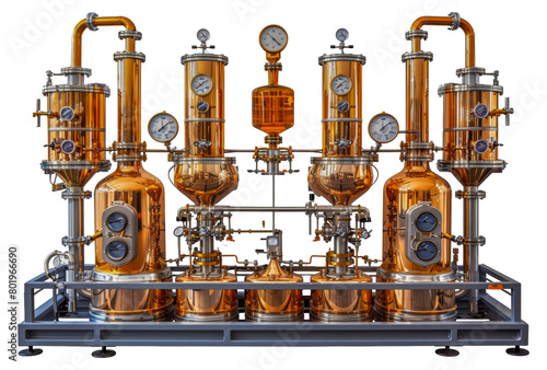 Modern distillery equipment in copper, cut out - stock png. photo