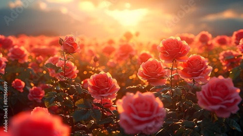 Glowing Rose Garden Under Dramatic Sunset Sky,Cinematic Landscape Photography